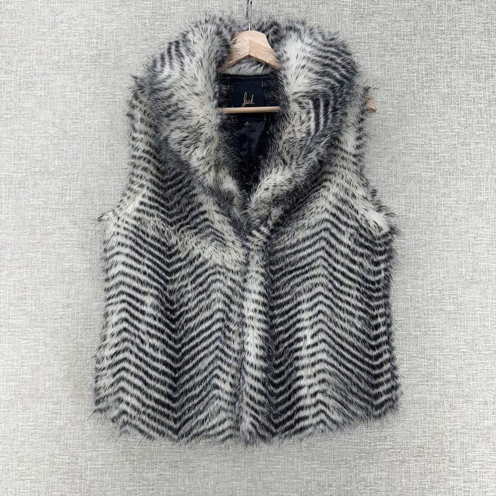 Jack Vest Women Medium Black White Gray Faux Fur Herringbone Lined Shawl Collar